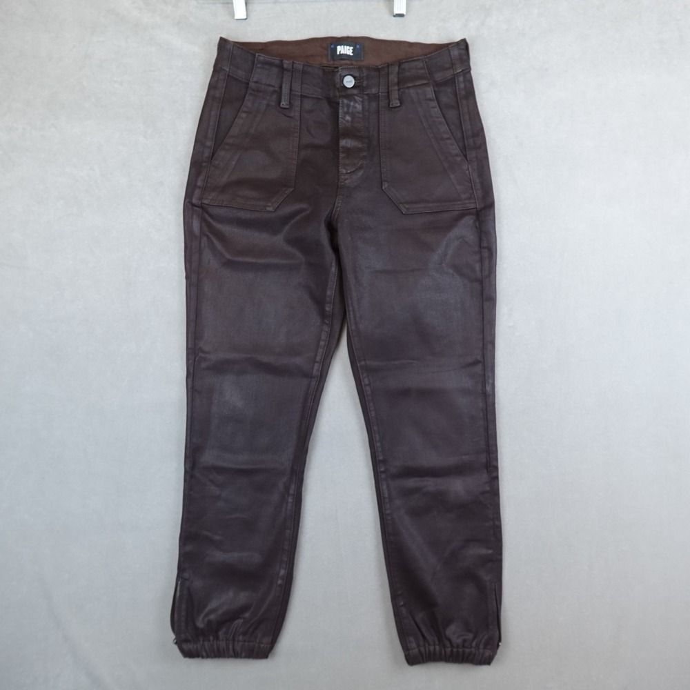 Paige Pants Women 28 Brown Mayslie Tapered Ankle Zip Faux Leather Stretch